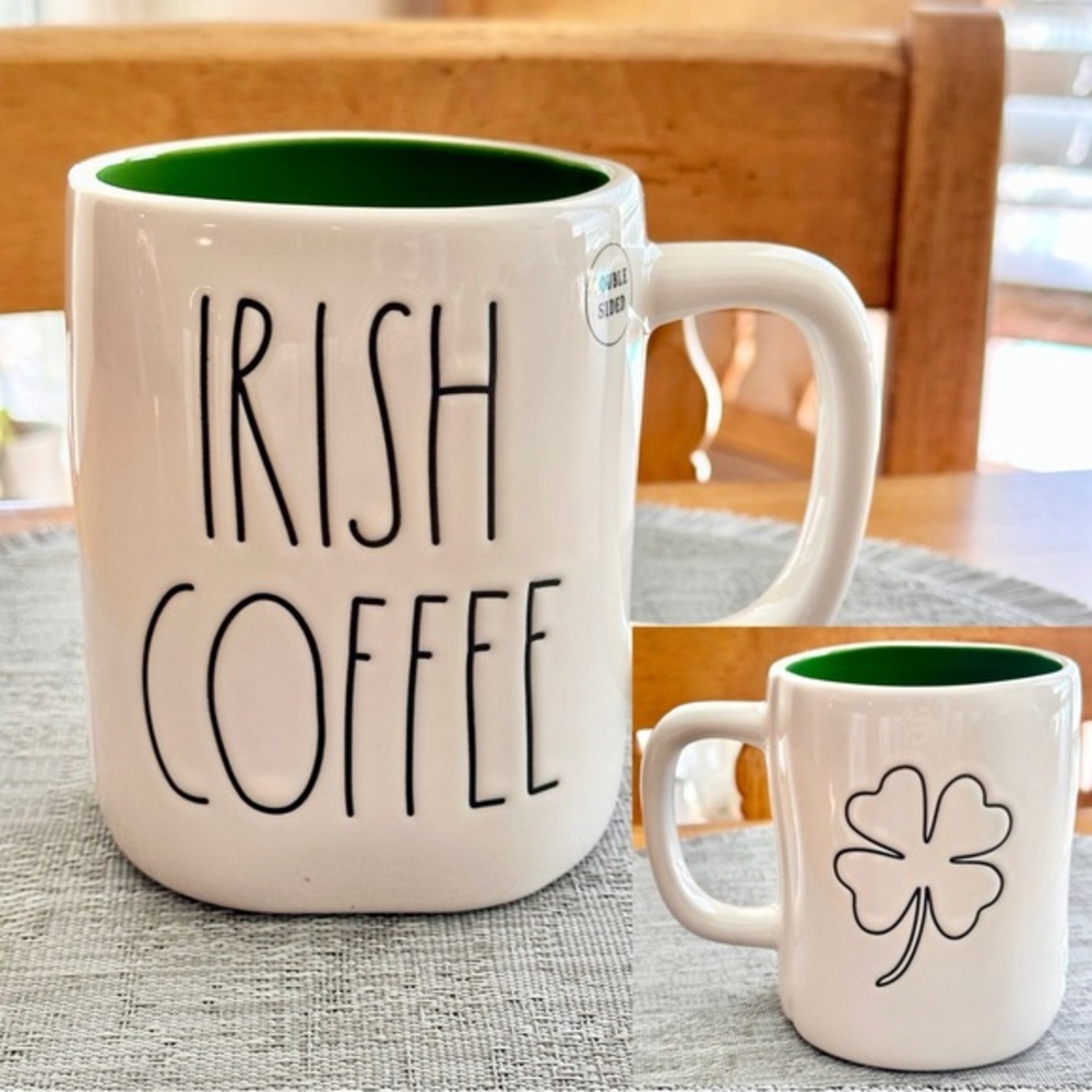 Rae Dunn IRISH COFFEE 4 Leaf Clover Double Sided Ceramic Coffee Mug BRAND NEW!!